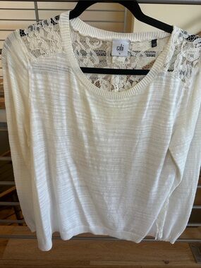 CAbi Cream Lace-Shoulder Knit Top